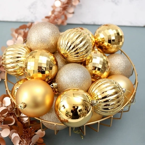 34-piece golden Christmas ball set with assorted textures in a decorative metal basket