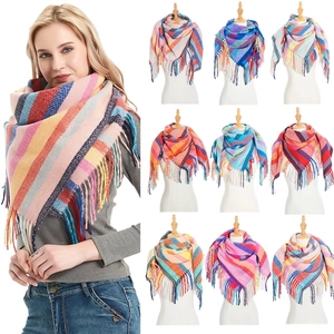 Detailed collage of colorful striped cashmere feel scarves with soft fringe edges