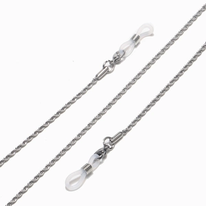 Chaîne de lunettes en acier inoxydable argenté torsadé avec boucles en silicone antidérapantes