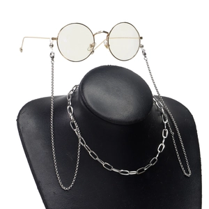 Stainless Steel Eyeglass Chain Non Slip Glasses Strap Holder With Silicone Loops Silver Geometric Link For Women Men