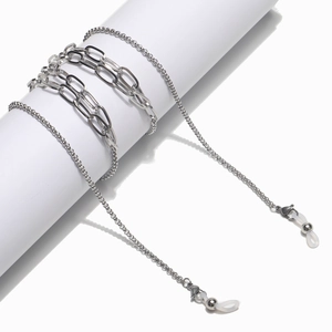 Silver stainless steel chain for sunglasses with non-slip silicone loops and lobster clasp