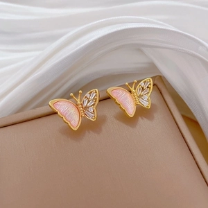 Titanium steel necklace and earring set with pink crystal butterfly and white diamonds
