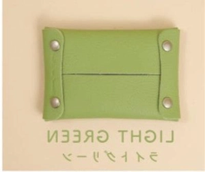 Detailed view of light green leather tissue pouch with four functional metal snaps
