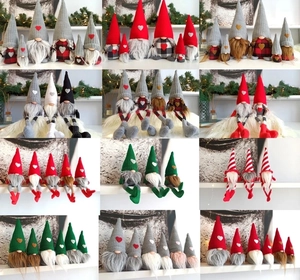 Collage of knitted faceless Christmas gnomes in various colors and leg styles
