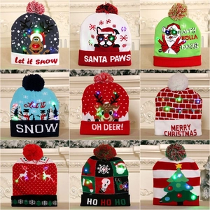 LED Light Up Knitted Christmas Beanie Hat Glowing Colorful Flashing Holiday Party Xmas Novelty Cartoon For Adults Kids