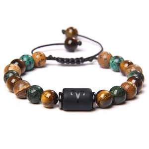 Adjustable tiger eye and turquoise beaded bracelet featuring Aries zodiac sign symbol