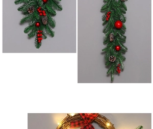 Detailed Christmas wreath showing pine needles, red berries, cones and LED lights
