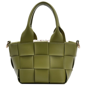 Mini olive green woven leather tote bag with drawstring lining and dual handles