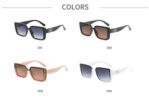 Detailed grid view of oversized sunglasses in four color gradient lens variations