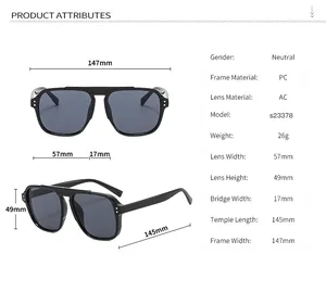 Detailed size chart for retro oversized sunglasses with frame and lens measurements