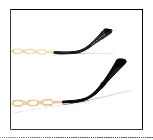 Macro view of rimless sunglasses hinge with gold metal chain and printed model parameters
