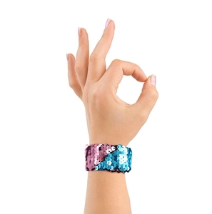 Close-up of purple and blue reversible mermaid sequin slap bracelet on a wrist