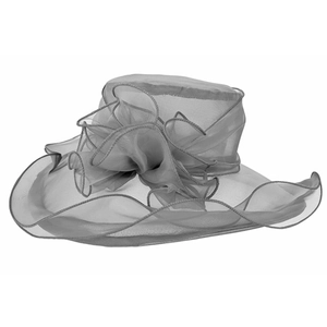Elegant grey organza sun hat with large floral decoration for weddings and parties