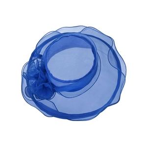 Top view of royal blue organza sun hat with detailed floral decoration and wide mesh brim