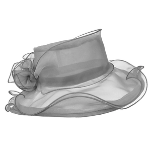 Detail of the gray organza sun hat featuring elegant floral accents and wavy wide brim