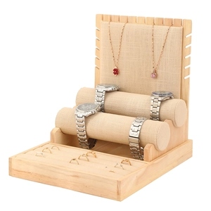 Linen and wood jewelry display stand with necklace hooks and watch holders at 45-degree angle