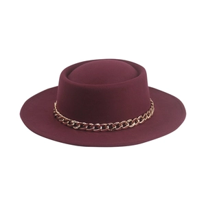 Burgundy wool felt boater hat with a thick gold chain decoration and flat brim style
