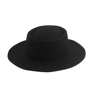Classic black flat top felt fedora hat for men and women on a clean white background