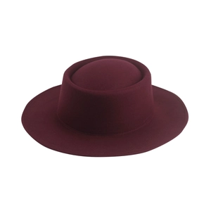 Classic burgundy wool felt flat top boater hat with wide brim in minimalist vintage style