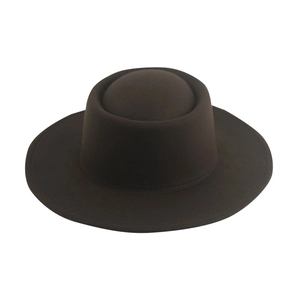 Detailed view of dark brown wool felt fedora with a round top and flat wide brim