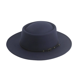 Detail of navy wool flat top hat featuring black leather band and bronze metal buckle