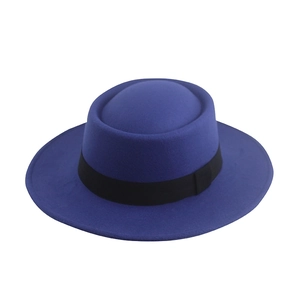 Classic blue wool felt boater hat with flat top and elegant black decorative ribbon band