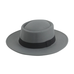 Classic grey flat top wool felt fedora hat with elegant black ribbon band trim