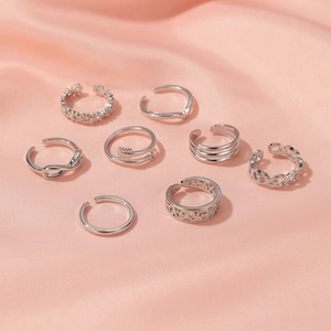 8-piece set of silver bohemian toe rings featuring floral and geometric carvings for women