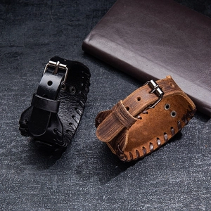 Handcrafted double-layer wide leather bracelets in black and brown with belt buckle design