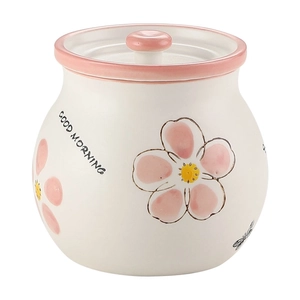 White ceramic lard storage jar with lid and hand-painted pink flowers and dragonfly