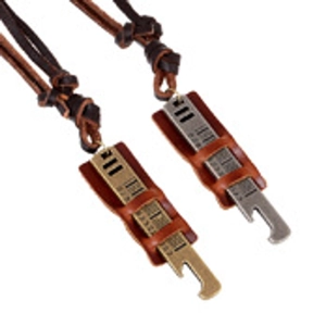 Close-up of multi-tool pendant necklaces with ruler scales and leather sheaths