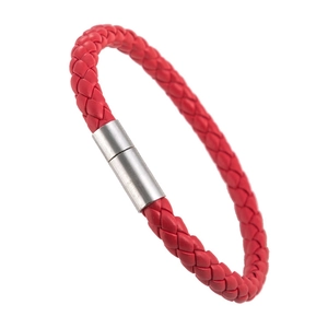 Braided red PU leather bracelet with polished silver magnetic clasp for men
