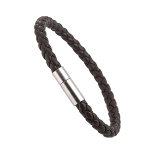 Close-up of brown braided leather cord texture with silver metallic buckle closure