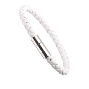 Minimalist white braided PU leather bracelet for men featuring a silver magnetic clasp