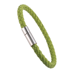 Braided green PU leather bracelet with polished silver magnetic clasp on white background
