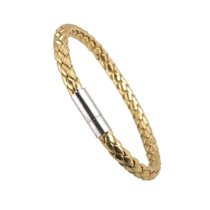 Detailed close-up of a braided PU leather bracelet featuring a polished metal clasp