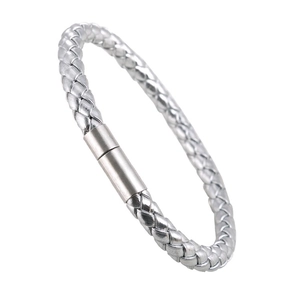 Detailed view of silver braided leather bracelet with a cylindrical brushed metal clasp