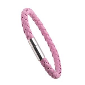 Detail of pink braided PU leather bracelet with silver magnetic cylindrical clasp