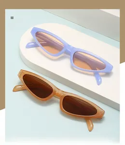 Detail of retro cat eye sunglasses with studded temples in purple and amber frames