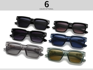 Square sunglasses collection in six colors including black, blue and grey frame options