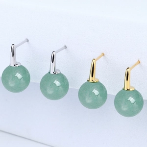 925 Sterling Silver Aventurine Jade Round Bead Stud Earrings French Retro Minimalist Elegant Green Stone Jewelry For Women