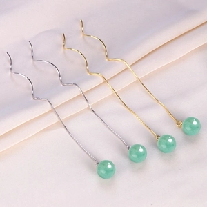 925 Sterling Silver Aventurine Jade Ear Threaders For Women Elegant Long Tassel Wave Chain Drop Earrings Green Stone Jewelry