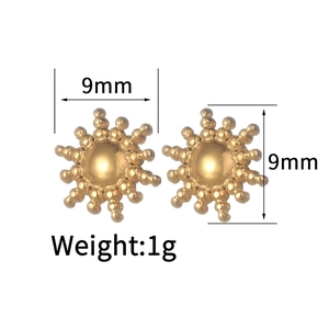 Detail of 18K gold stainless steel sunburst stud earring with 9mm diameter and 1g weight