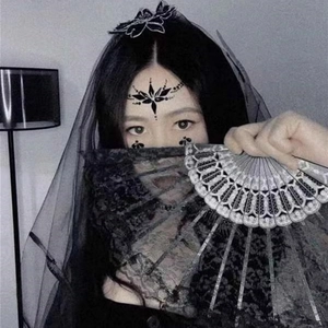 Gothic style black lace veil and matching folding fan with rhinestones for masquerade