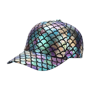 Iridescent fish scale baseball cap with metallic laser coating in a side view