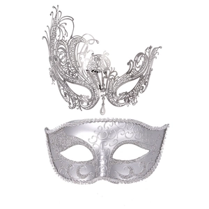 Silver laser-cut metal filigree mask and glitter eye mask set for masquerade parties