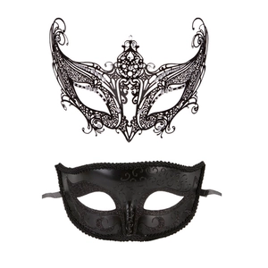 Detail of black laser-cut metal filigree and embossed masquerade mask set on white background