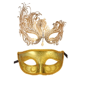 Set of two gold Venetian masks with hollow metal lace and glittery embossed details