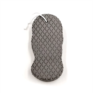 3D bath sponge with fish scale texture in dark grey, including a white cotton lanyard