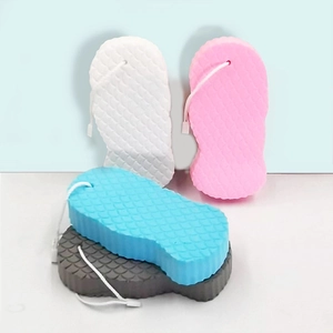 3D bath sponges with fish scale texture in four colors including blue and pink with lanyards